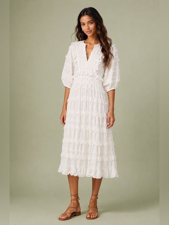 FARM Rio Dresses & Skirts - FARM Rio white Tiered Midi Dress with V-Neck